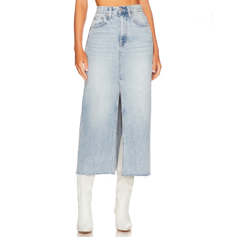 pistola Light Blue High-Rise A-Line Denim Midi Skirt with Front Slit